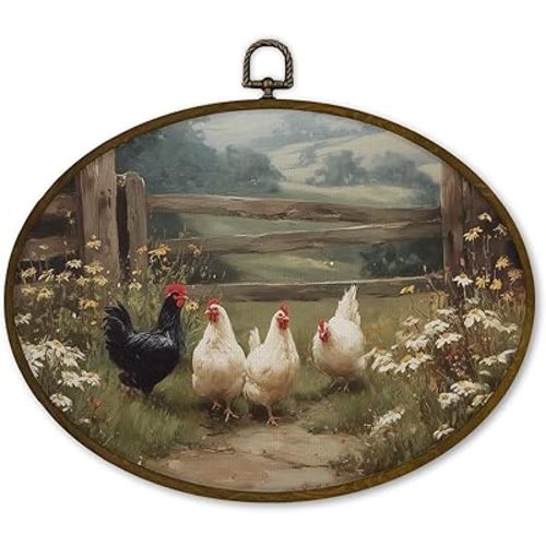 nvucamd Farmhouse Chicken Oval Wall Art Decor Framed, Rustic Farm Animal Rooster Canvas Prints Wall Art, Cottagecore Chicken Hanging Decor for Kitchen Bathroom Living Room 11.3x8.7 Inches