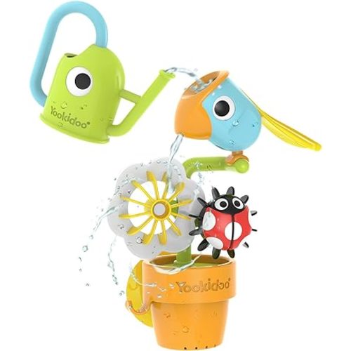 Yookidoo Watering Can Baby Bath Toy (Ages 1-3) Spinning Lady Bug & Tipping Bird Toy with 3 Moving Pieces (Mold Free) - Attaches to Tub Wall for Easy Toy Holder and Storage - for Toddler Bath Time