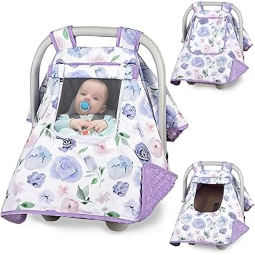 Baby Carseat Seat Cover Girls, Winter Carseat Canopy, Cozy & Warm Cover with Zipper Peep Windows, Infant Minky Carrier Cover, Soft Breathable, Baby Must Have, Purple Romantic