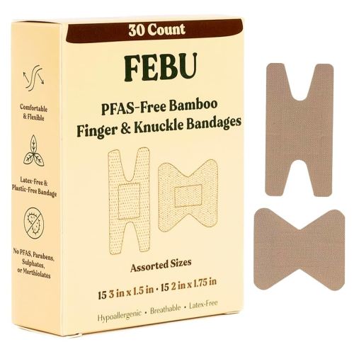 FEBU Eco-Friendly Bamboo Fingertip Bandages | PFAS Free Knuckle Bandages for First Aid | Flexible Fabric Wound Dressing | Fully Compostable, Latex Free Bandage | 30 Count Knuckle & Finger Bandage
