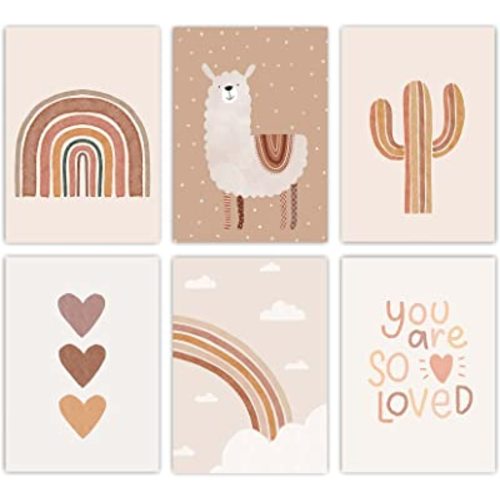 Canssape 6pcs Boho Baby Room Decor Poster, Canvas Wall Art Prints, Rainbow Nursery Wall Decor, Unframed Kids Wall Decor for Baby Girl Room Art, Heart Color, Animal Theme, Watercolor, 8x10 inch