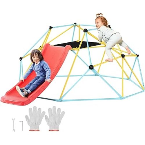 VEVOR Climbing Dome, 8FT Geometric Dome Climber with Slide, Jungle Gym Supports 600LBS and Easy Assembly for Kids 3 to 9 Years Old, with Climbing Grip, Outdoor and Indoor Play Equipment for Kids