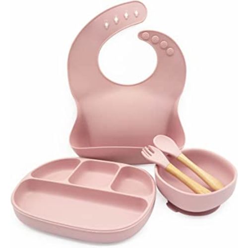 Skylarq Premium Silicone Baby Feeding Set - Suction Plate Baby, Suction Bowl, Baby Bibs & Spoon Fork Set - Baby Plates with Suction, 100% BPA Free, Silicone Baby Plates and Bowls Set (Rose Pink)