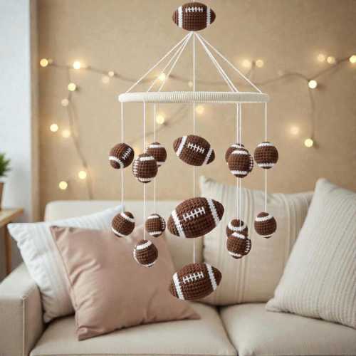 Crochet Football Mobile, Handmade Sports Nursery Decor, Amigurumi Football Hanging, Neutral Crib Mobile Gift