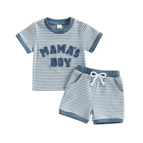 Baby Boy Summer Clothes Mamas Boy Embroidered Waffle Knit Short Sleeve T-Shirt Shorts Set Toddler Striped Outfit
