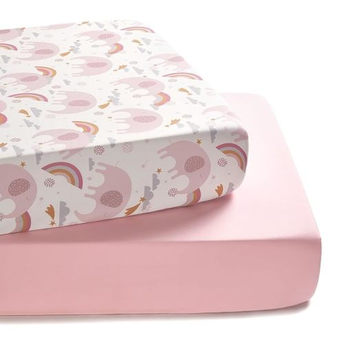 TILLYOU Baby Crib Sheets for Boys Girls, Super Soft Toddler Bed Sheets, 2 Pack Sheets for Standard Crib Mattress 28x52in, Rainbow Elephant