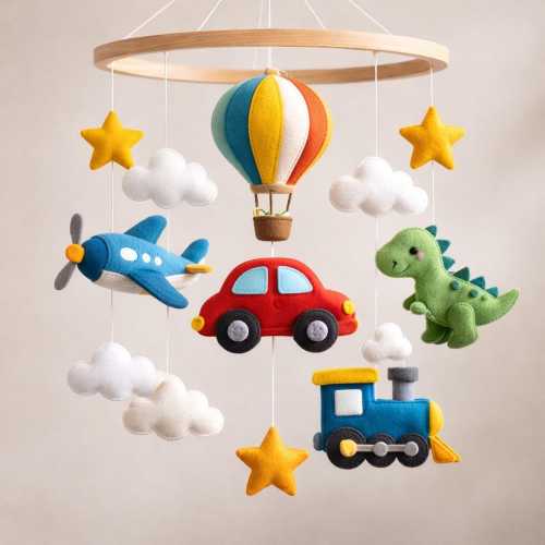 Transportation Baby Mobile, Airplane Car Train Dinosaur Crib Mobile, Hot Air Balloon Nursery Decor, Boy Baby Gift, Travel Theme Felt Mobile