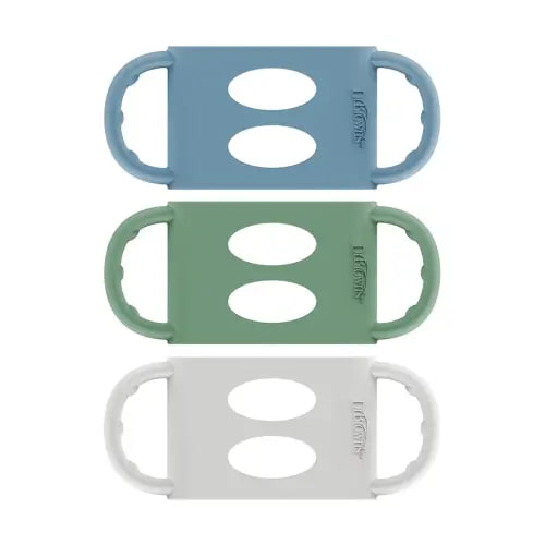 Dr. Brown's Wide-Neck Baby Bottle Handles, 100% Silicone, Easy Grip Removable Handles for Bottle to Sippy Cup Transition, Blue/Gray/Green, 3-Pack, 4m+
