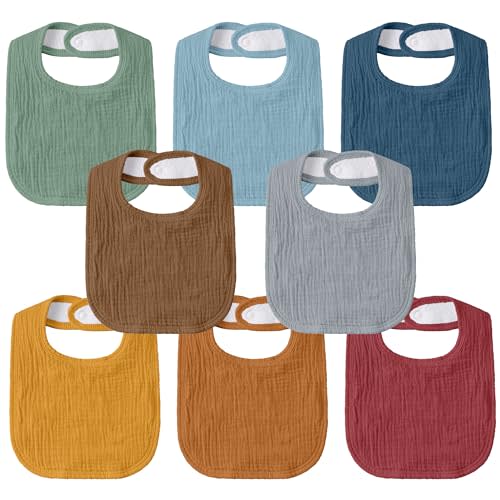 Muslin Bibs for Baby Boy Girl, Adjustable Fit for Drooling and Teething | 8-pk, 100% Cotton Surface & Multi-Layer Absorbent Core, Shrink-resistant & Fade-Proof, Gentle on Sensitive Newborn skin