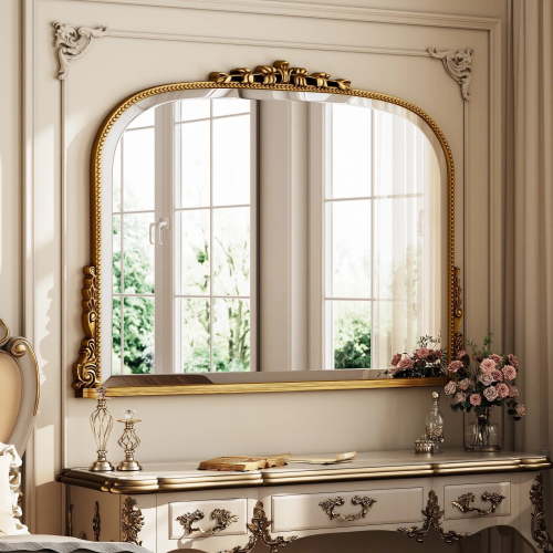 BEAUTYPEAK 44"x 32" Arched Vintage Decor Mirror Vanity Wall Mirror, Antique Gold
