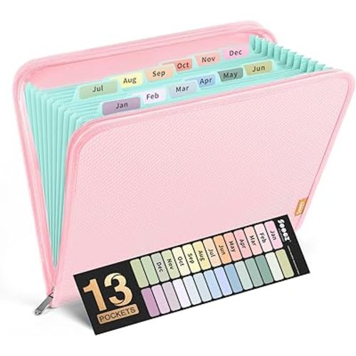 Sooez 13 Pocket Accordion File Organizer, Zipper Expanding File Folder Organizer, Reinforced Plastic Accordion Folder, A4 Letter Size, Portable Folders for Documents, Pink