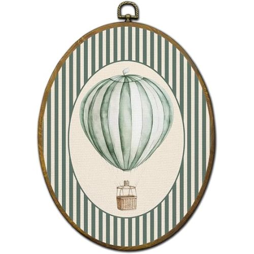 QZQE Sage Green Hot Air Balloon Nursery Oval Wall Art Decor Framed, Kids Playroom Oval Canvas Prints, Vintage Striped Hot Air Balloon Wall Hanging Decor for Kids Boys Room Bedroom, 8.6x11.4 Inch