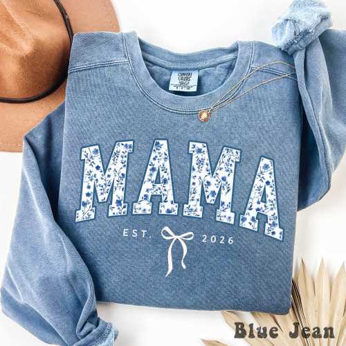 Comfort Colors® Custom Mama Sweatshirt, Retro Blue Toile Floral Est 2026 Crewneck, Coquette Mom Gift, Personalized New Mom Shirt With Bow