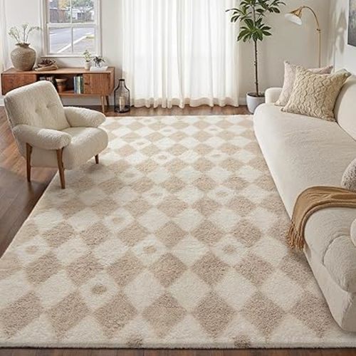 PureCozy Beige 6x9 Area Rug Washable Non Slip Neutral Soft Bedroom Checkered Carpet Fluffy Modern Shag Fuzzy Indoor Large Aesthetic Bedroom Home Office Playroom Nursery