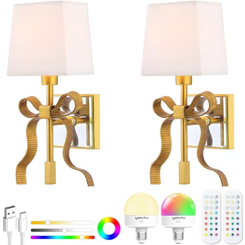 Battery Operated Wall Sconces Set of 2, Gold Rechargeable Bow Wall Light with 5200mAh Dimmable Bulbs & Remote, 15 Colors Wireless Brass Wall Lamp for Bedroom Living Room Hallway Decor