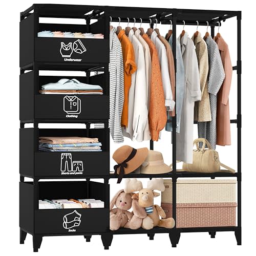 Portable Closet, Easy Assembly, Large Capacity Wardrobe Closet | Sturdy and Stable Clothes Rack with Shelves 4 Storage Baskets and 2 Hanging Rods, for Bedroom and Cloakroom 50 In Black