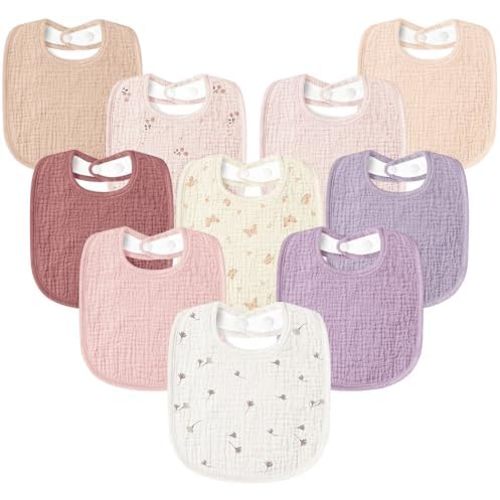 Susurration Muslin Baby Drool Bibs 10Pack Soft Square Adjustable Bandana Bibs for Unisex Baby Girls & Boys (Dusty pink)
