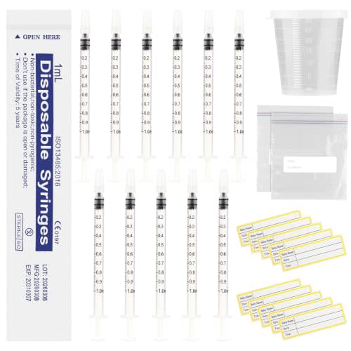20 Sets 1ml Colostrum Syringes with Caps No Needle Colostrum Collector Kit Include 20pcs 1ml Sterile Syringes, 20 Labels, 2 Storage Bags and 1 Measuring Cup