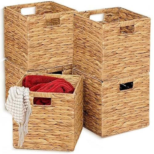 11x11in Wicker Storage Baskets Set of 5 Collapsible Water Hyacinth Basket for Organizing,Handwoven Woven Bins for Bedroom,Living Room,Shelves - Natural