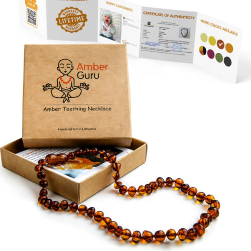 Baltic Amber Teething Necklace for Babies, Cognac Color, Polished – Amber Guru