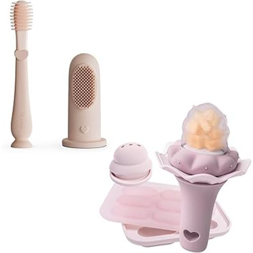 Moonkie Baby Oral Care & Feeding Bundle | Silicone Finger Toothbrush & Tongue Cleaner Kit (2 Pcs) + Baby Fruit Feeder with Freezer Tray (2 Pack) | BPA-Free, Safe for Infants 3+ Months | Teething Relie