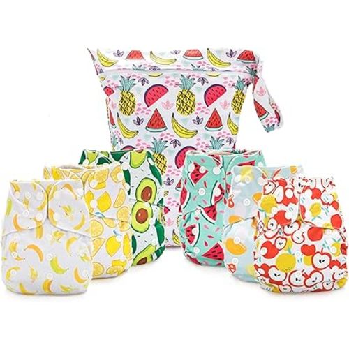 Simple Being Reusable Cloth Diapers, Double Gusset, One Size Adjustable, Washable Soft Absorbent, Waterproof Cover, Eco-Friendly Unisex Baby Girl Boy, six 4-Layers Microfiber Inserts (Foodie)