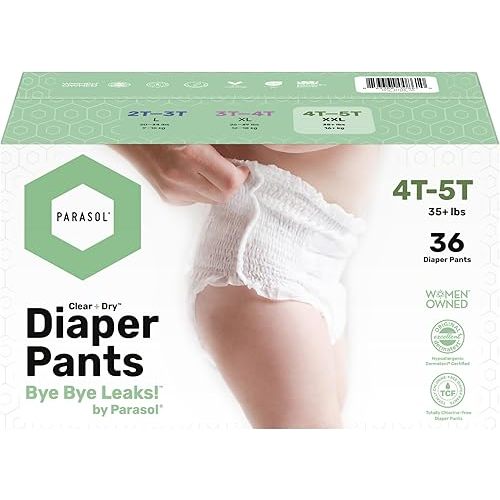 Parasol Clear+Dry Diaper Pants | Natural Training Diapers | Pure Ingredients, Water Based Ink, Non-Woven Fabric with Dermatest Excellent Seal | Rash Protection Diaper Set, Size 6 (35+ lbs.) 36 Ct