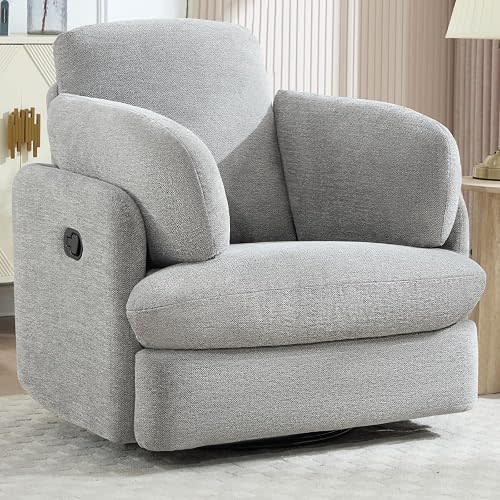 Swivel Rocker Recliner, Manual Recliner Chair for Adults, Nursery Glider Rocking Chair with 2 Bolster Pillows and Hidden Storage, Light Grey