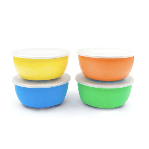Stainless Steel Bowl with Silicone Sleeve + Lids