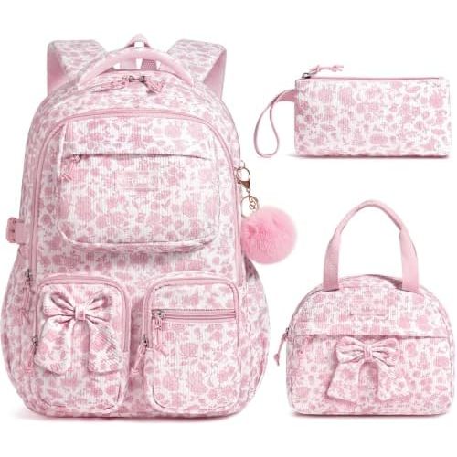 Fimibuke 3PCS Corduroy Backpack for School Girls with Lunch Box Pencil Case