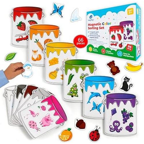 Simply magic 11 Jars Magnetic Color Sorting Set - Color Sorting Toys for Toddlers, Magnetic Shapes, Learning Colors Recognition Magnets, Colors Matching Games for Toddlers, Preschool Circle Time