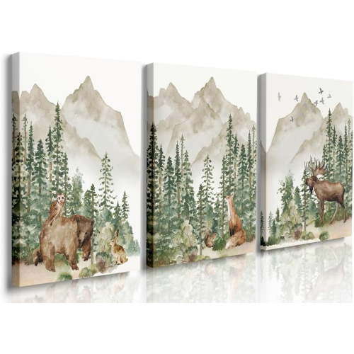 Woodland Nursery Prints,Woodland Animals Wall Art Framed Canvas Mountain Print,Boy Woodland Nursery Print,Boy Wall Art, Jungle Theme Nursery Decor Watercolor Woodland Nursery Wall Decor 12"x16"