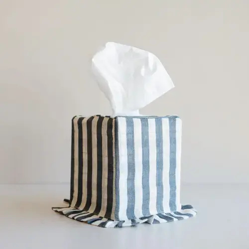 Ruffle Linen Tissue Cover - Denim Stripe