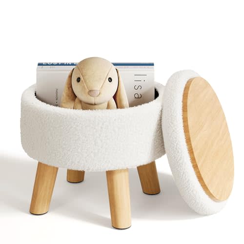 Small Ottoman Footrest, White Boucle Foot Stool, Round Pouf Ottoman with Storage, Teddy Velvet Foot Rest for Couch, Living Room, Nursery, Small Coffee Table Ottomans Stool