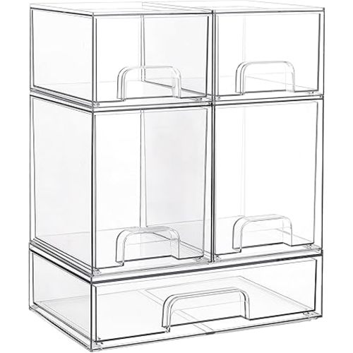 Stackable Storage Drawers Set of 5, Clear Plastic Organizer Bins for Baby Bottle, Beauty Supplies Storage, Ideal for Kichen Countertop, Vanity, Bathroom, Cabinet, Pantry Organization