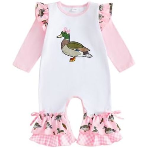 Newborn Baby Girl Fall Outfit Mallard Duck Romper Long Sleeve Bodysuit Ruffle Flare Jumpsuit One Piece Clothes