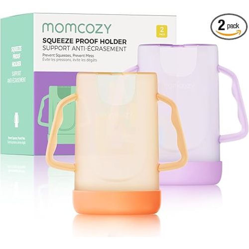 Momcozy Baby Pouch Holder No Squeeze, Baby Food & Juice Box Holder, Mess-Free, Easy Grip for Self-Feeding, BPA-Free & DEHP-Free, Must-Have for Babies, Violet&Orange 2Pcs
