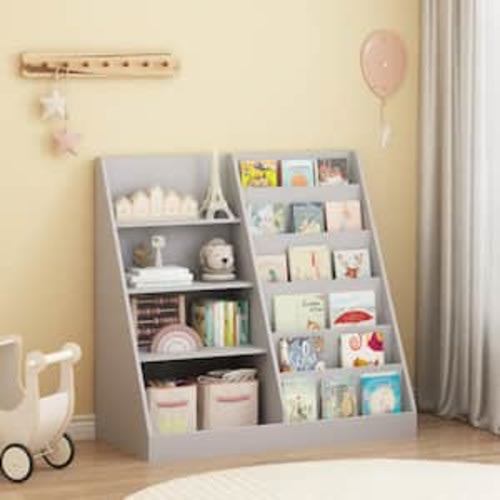 Polly 33.47 in. H Gray Wood Multifunctional 4-Tier Bookcase with Bookcase Display Stand