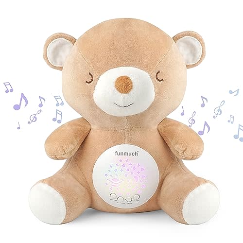 Teddy Bear Baby Soother - Sleep Soothing White Noise, Portable Night Light Projector and Melodies, Toddler Crib Lullaby Machine Sleeping Aid for Newborns and Up, Babies Stuffed Animal Plush Toy