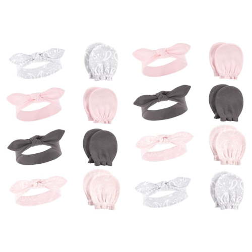 Hudson Baby Infant Girl 16Pc Headband and Scratch Mitten Set, Pink Bandana, 0-6 Months