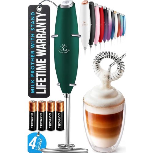 Zulay Kitchen Powerful Milk Frother Wand With 4 AA Duracell Batteries - Ultra Fast Handheld Drink Mixer - Electric Whisk Foam Maker for Coffee, Lattes, Cappuccino, Matcha & Creamer - Dark Green