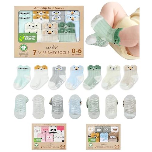 Organic Cotton GOTS Certified Non-Slip Baby Socks 0-6 Months - 7 Pairs Soft Breathable Newborn Socks Animal Design For Infant