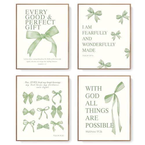 LARTSFRO Coquette Sage Green Bow Wall Art Decor Posters, Sage Green Bow Room Bedroom Bathroom Dorm Wall Art Decor Aesthetic for Teen Girls Gifts, Inspirational Bible Verses Bow Wall Decor, 10x8 Inch Set of 4 Pcs Bow Pictures (UNFRAMED)