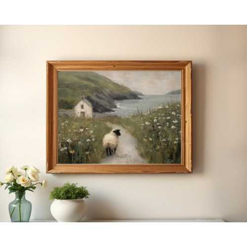Irish Cottage Print, Ireland Landscape Wall Art, Farmhouse Sheep by the Sea Art, Coastal Countryside Decor, Irish Cottage Wall Decor