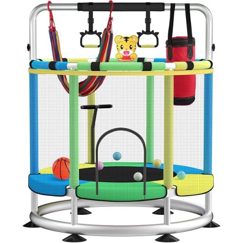Trampoline for Kids, Adjustable Baby Toddler Trampoline with Basketball Hoop, Round Bottom Indoor Outdoor Toddler with Enclosure