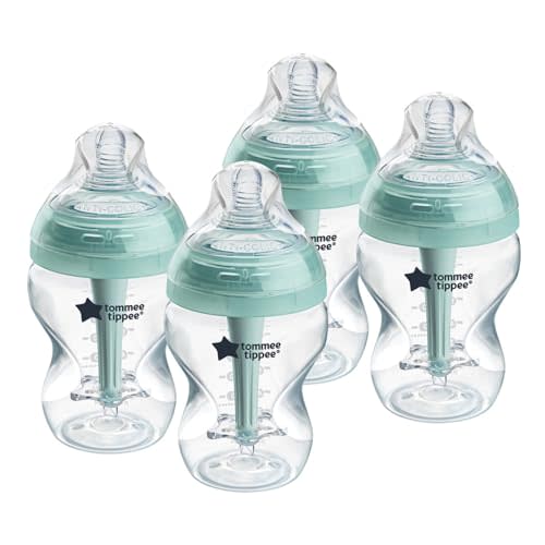 Tommee Tippee Advanced Anti-Colic 9 Oz BPA Free Baby Bottles, Newborn 0+ Months, Slow Flow Breast-Like Nipple, Unique Design Keeps Air Away from Milk and Baby, Clear, Pack of 4
