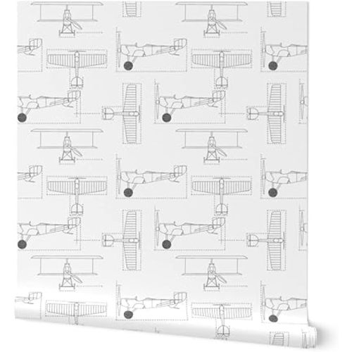 Peel & Stick Wallpaper Swatch - Flight School Gray Airplane Plane Custom Removable Wallpaper by Spoonflower