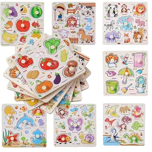 Wooden Puzzles for Toddlers 1-3, 8 Pack Peg Puzzles for Kids with Animals, Dinosaurs, Fruits, Vegetables, Educational Preschool Learning Toys, Birthday Gifts for Boys, Girls