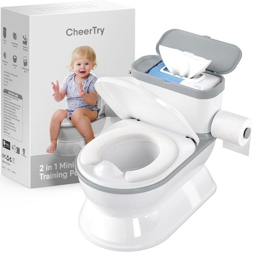 CheerTry 2-in-1 Toddler Potty Training Toilet - Larger Potty Chair & Detachable Training Seat for Boys & Girls Ages 1-3 with Flushing Sound, Wipes Storage, Toilet Paper Holder - Grey