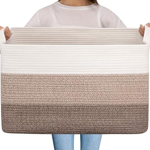 OIAHOMY Extra Large Blanket Basket, 95L Cotton Rope Woven Laundry Basket, Toy Bin for Baby Room, Container for Blanket Storage in Living Room, 24''×17''×14'', Gradient Brown